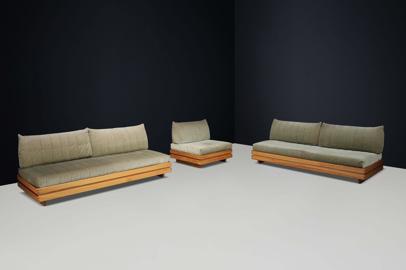 Maison Regain Elm Living Room Set Upholstered In Original Olive Green Fabric photo for sale