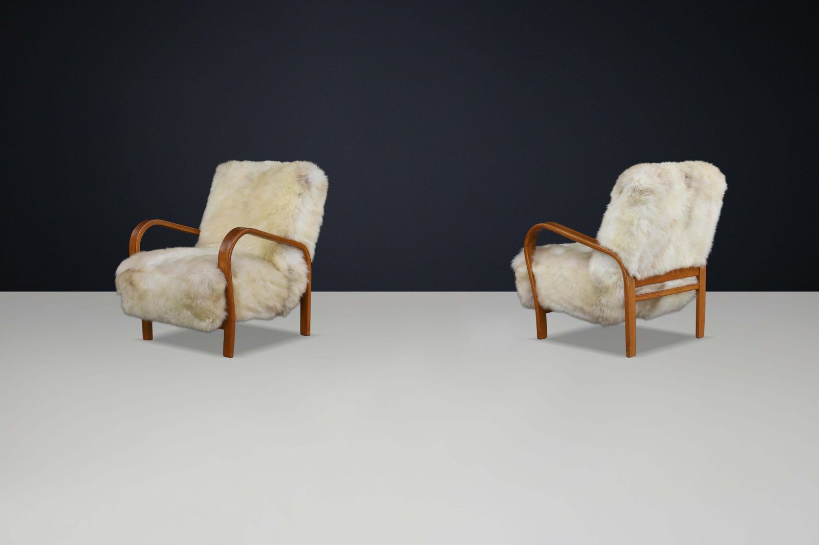Patinated Bentwood Lounge Chairs By Kozelka & Kropacek In Texel Sheepskin photo vinterior