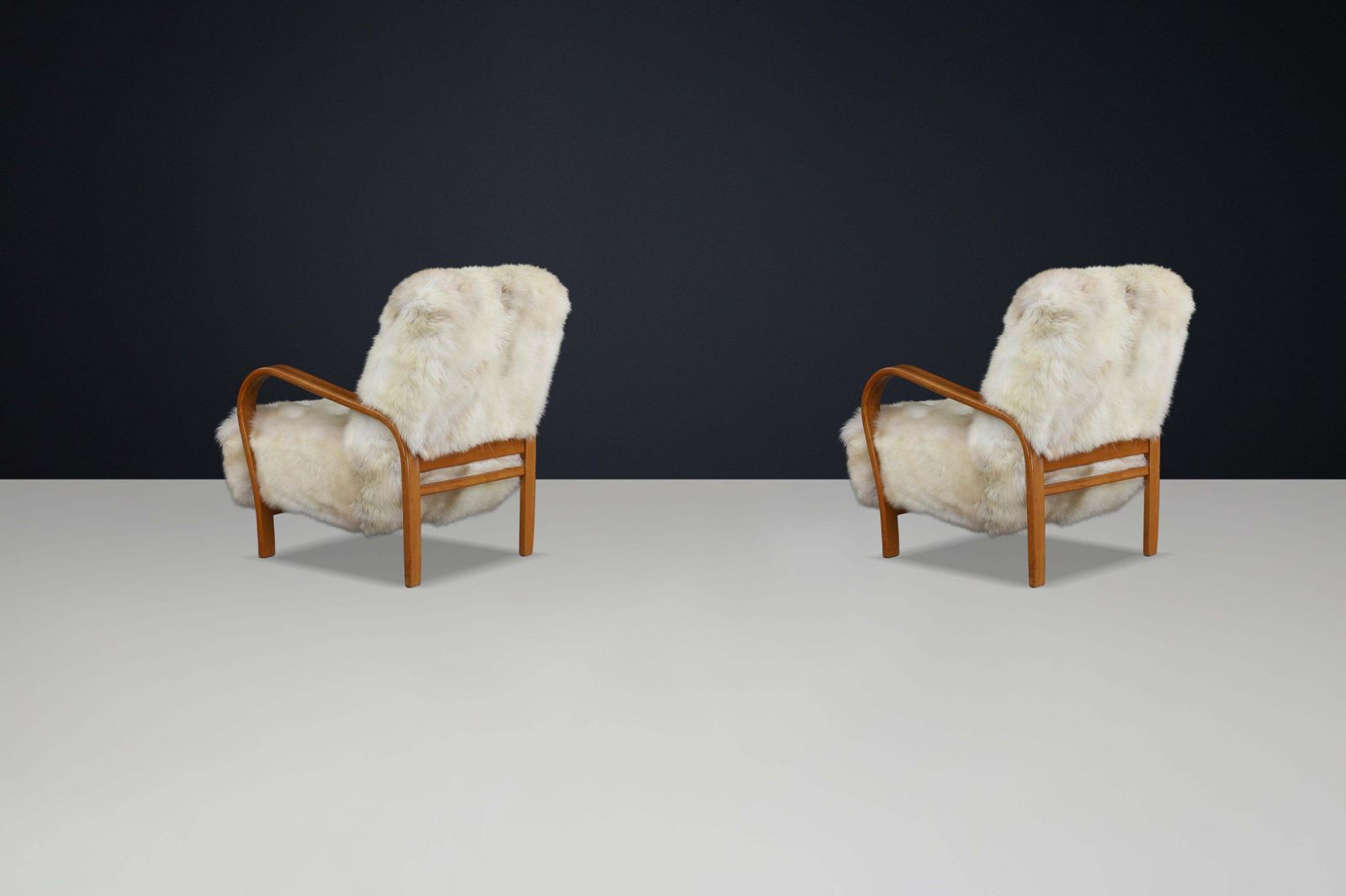 Patinated Bentwood Lounge Chairs By Kozelka & Kropacek In Texel Sheepskin photo buy