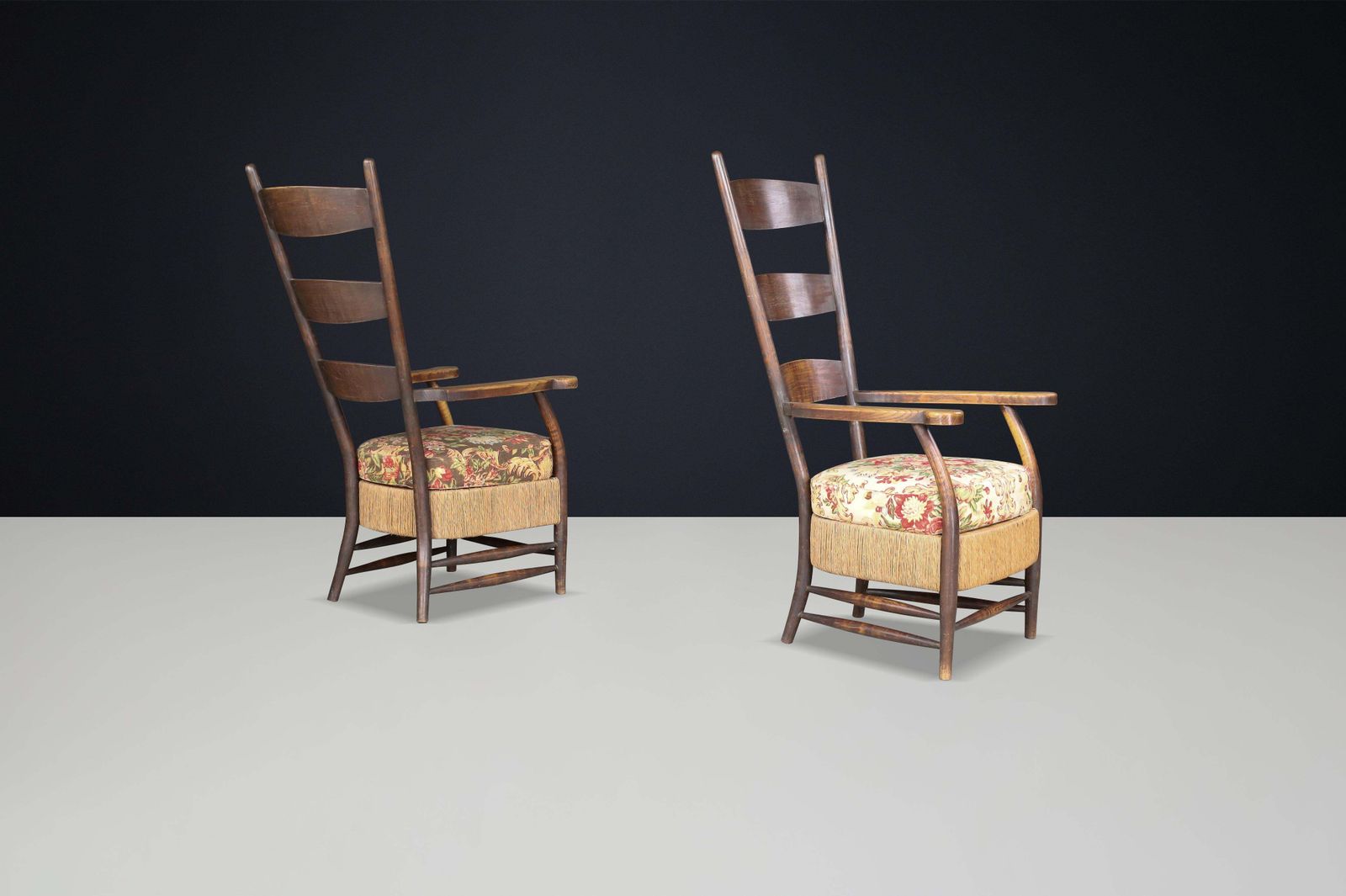 French Provincial Highback Armchairs In Oak Rope & Floral Upholstery, France'30s photo for sale