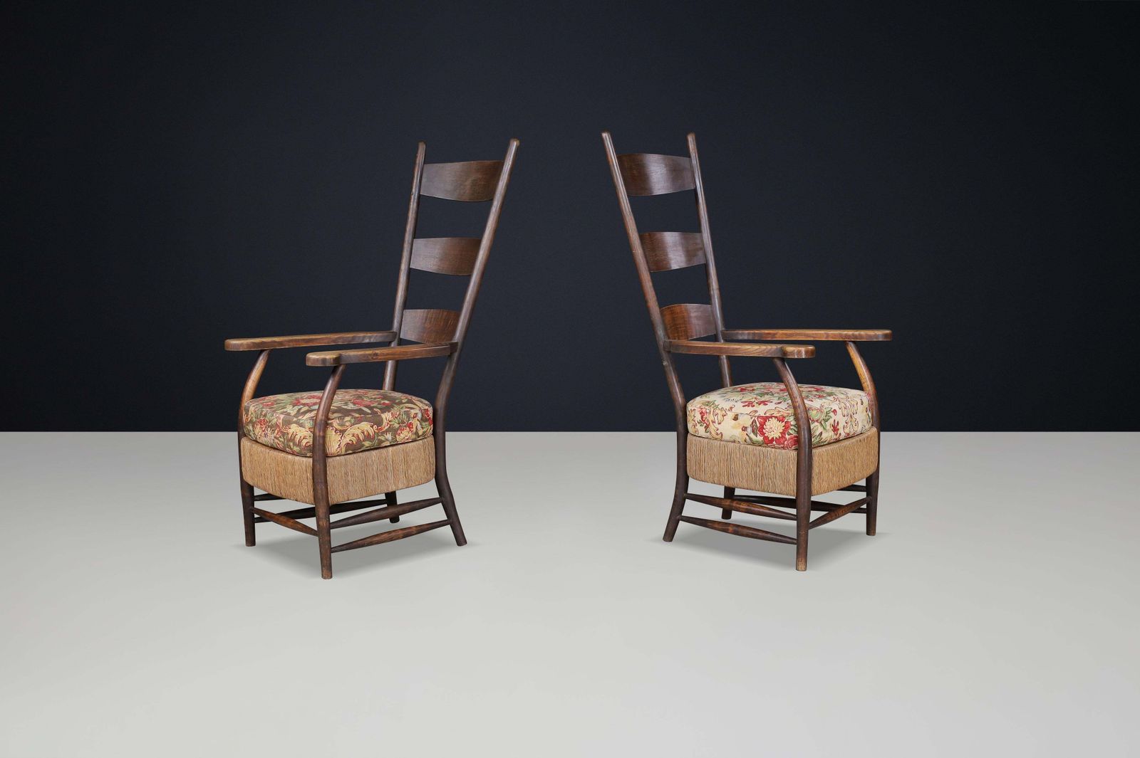 French Provincial Highback Armchairs In Oak Rope & Floral Upholstery, France'30s photo Furniture