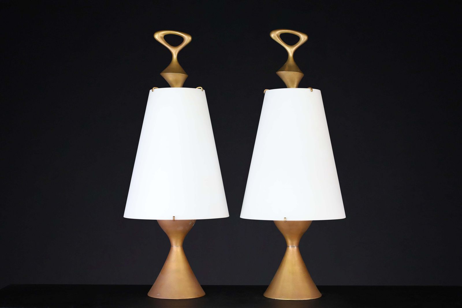 Lighting Max Ingrand For Fontana Arte Pair Of Two Patinated Brass Table Lamps Italy 1956 photo