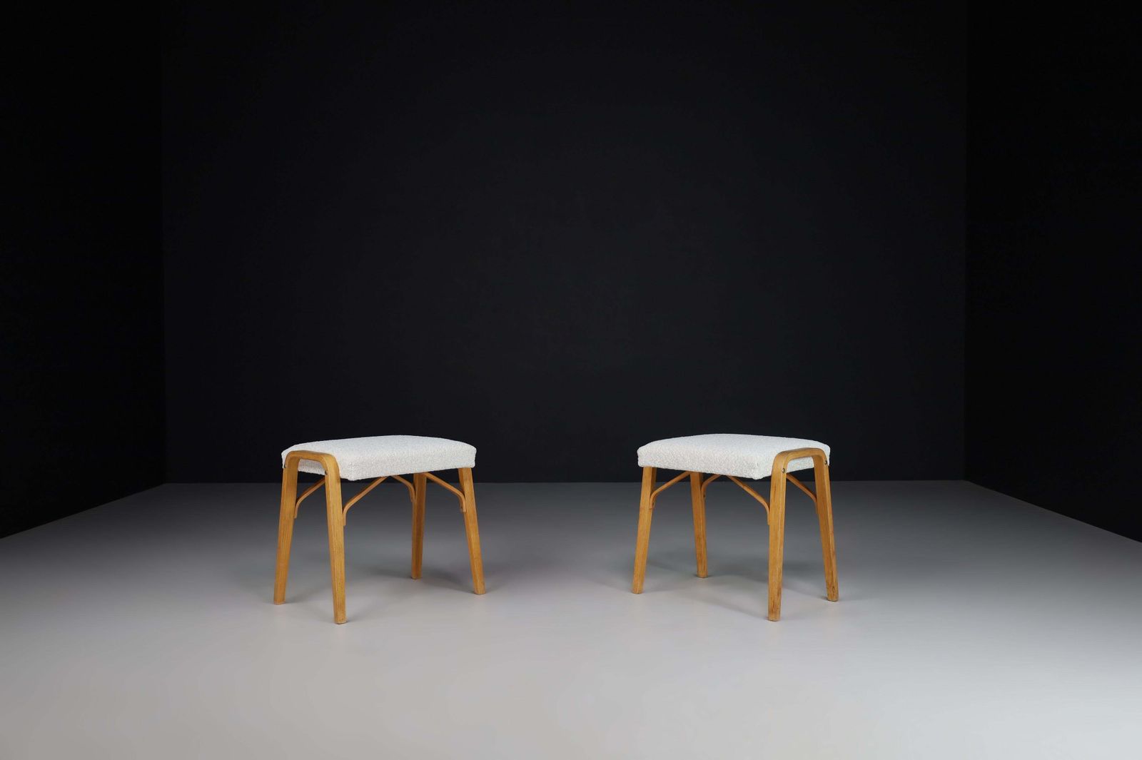 Midcentury Bentwood Stools With New Bouclé Fabric By Ludvik Volak 1960s photo buy