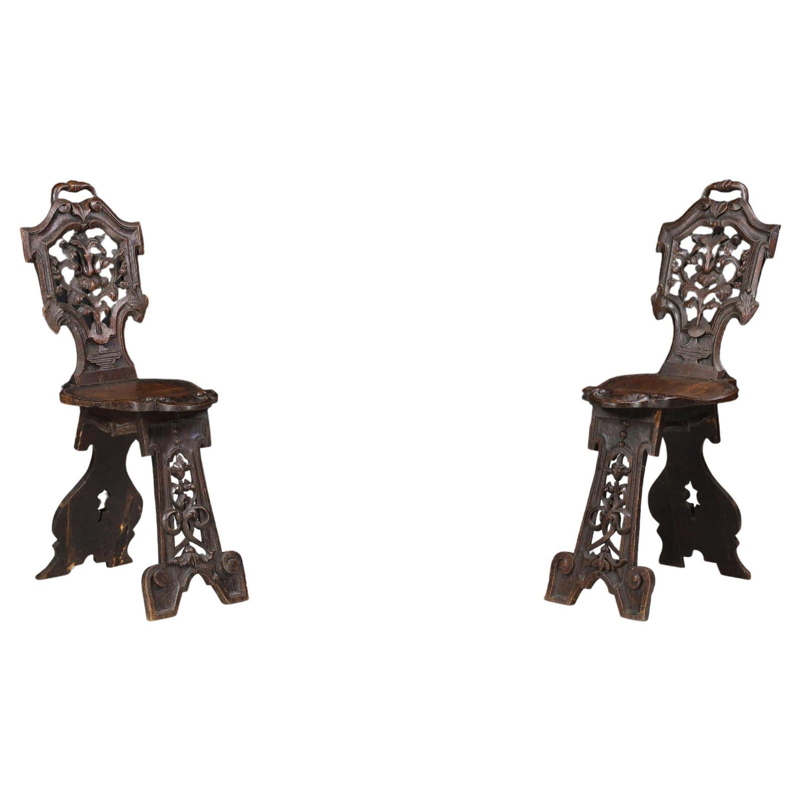 Antique Pair Of Figural Heavily Carved Oak Sgabello Chairs Italy
