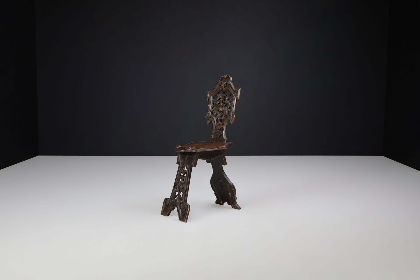 Antique Pair Of Figural Heavily Carved Oak Sgabello Chairs Italy photo vintage