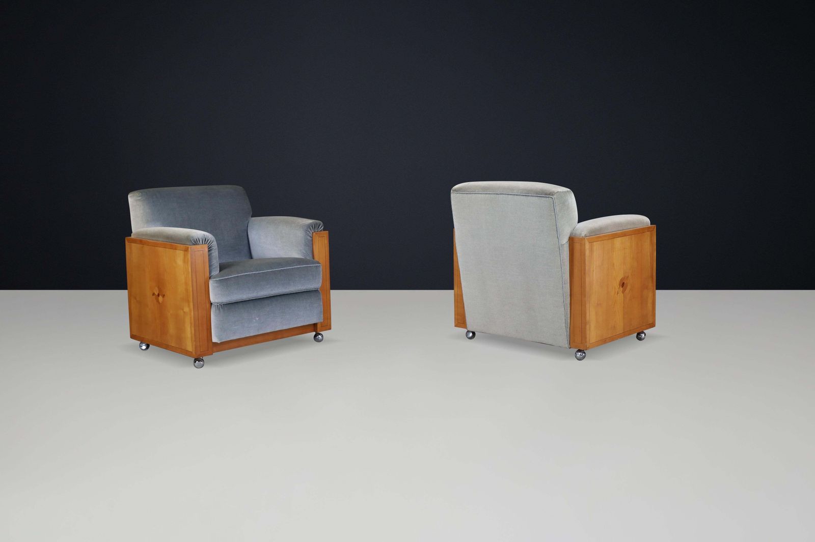 Pair Of Dutch Art Deco Armchairs With Inlay Motif In Oak And Velvet, 1930s photo vinterior