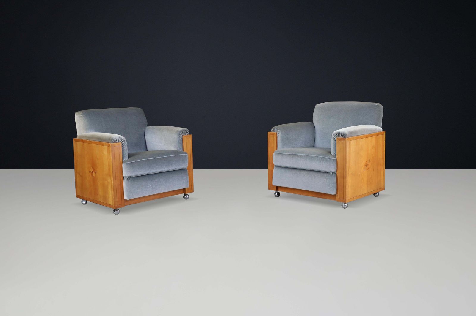 photo for sale Pair Of Dutch Art Deco Armchairs With Inlay Motif In Oak And Velvet, 1930s