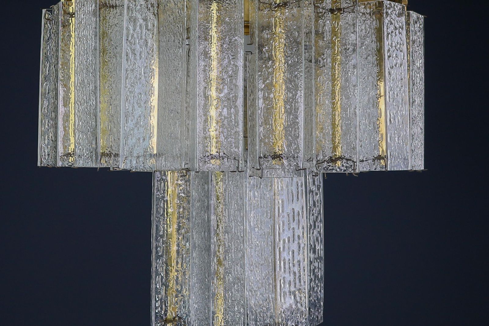 Lighting Le Grande Xl Midcentury Chandelier In Brass & Structured Ice Glass, Austria 1950 photo