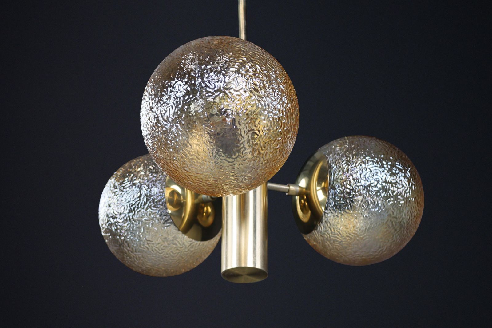 Patinated Brass Sputnik Chandelier With 3 Gold Colored Globes, Germany 1960s photo furniture