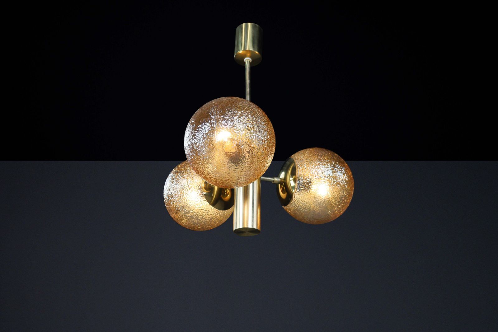 Patinated Brass Sputnik Chandelier With 3 Gold Colored Globes, Germany 1960s photo vinterior