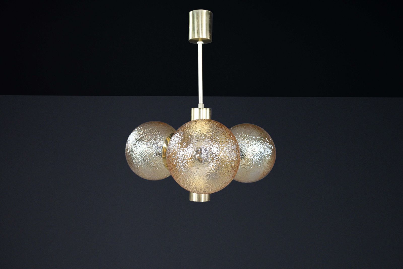 Patinated Brass Sputnik Chandelier With 3 Gold Colored Globes, Germany 1960s photo vintage