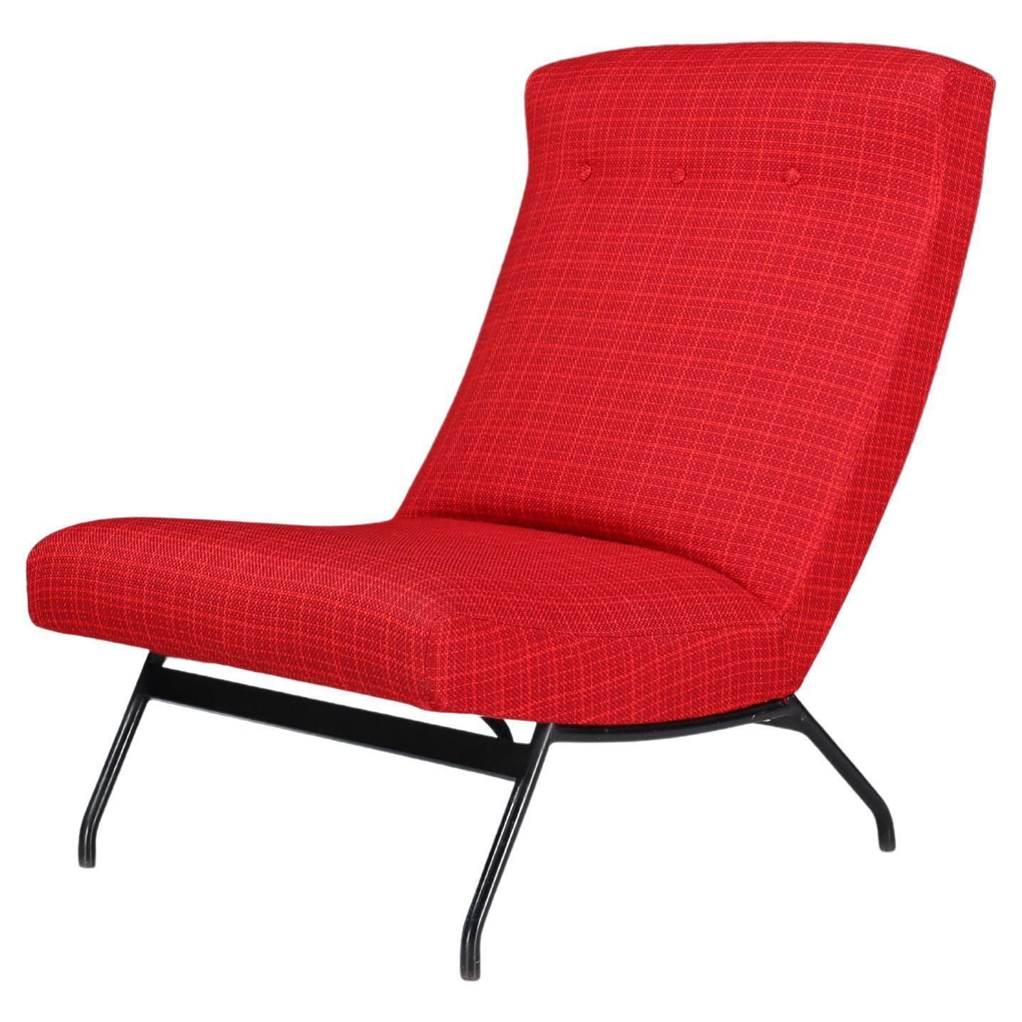 Lounge Chair By Joseph André Motte In Original Red Upholstery, France, 1950s