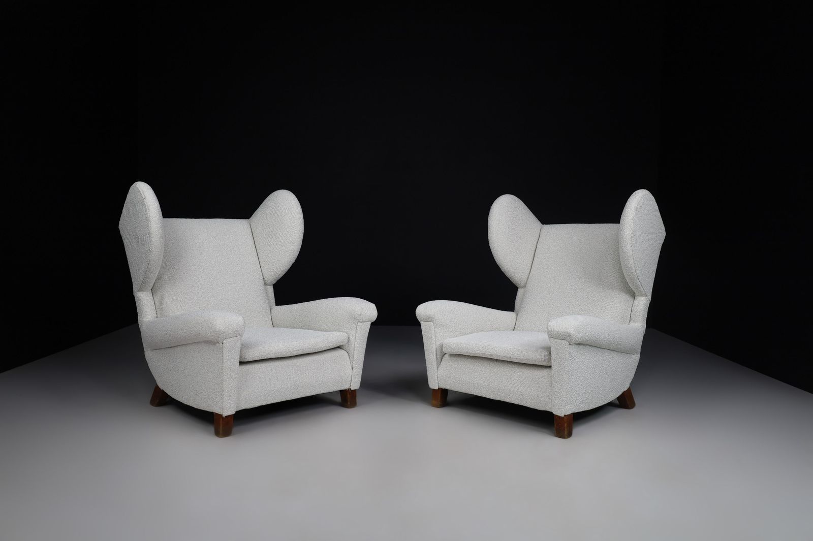 Large Monumental Midcentury Wingback Armchairs In Re Upholstered Bouclé Fabric photo furniture