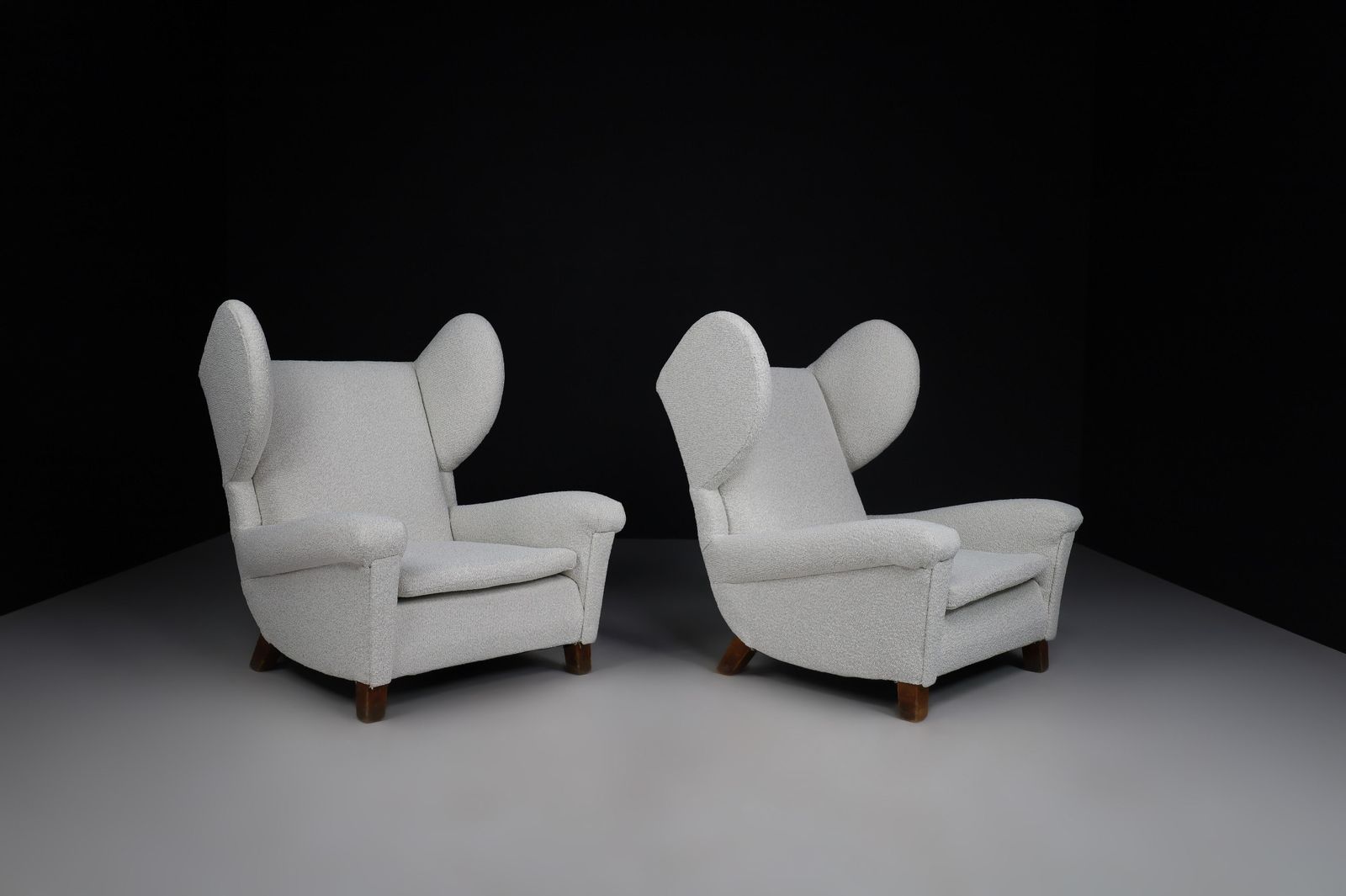 Large Monumental Midcentury Wingback Armchairs In Re Upholstered Bouclé Fabric photo vinterior