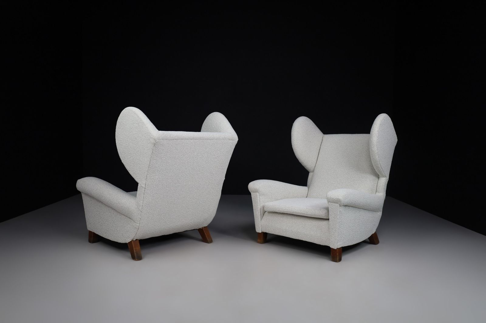 Large Monumental Midcentury Wingback Armchairs In Re Upholstered Bouclé Fabric photo vintage