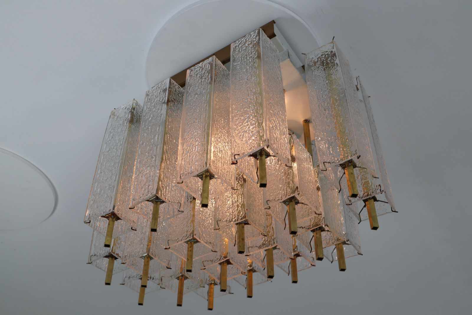 1 Of 9 Large Midcentury Chandelier With Structured Glass And Brass Frame, 1960s photo Lighting