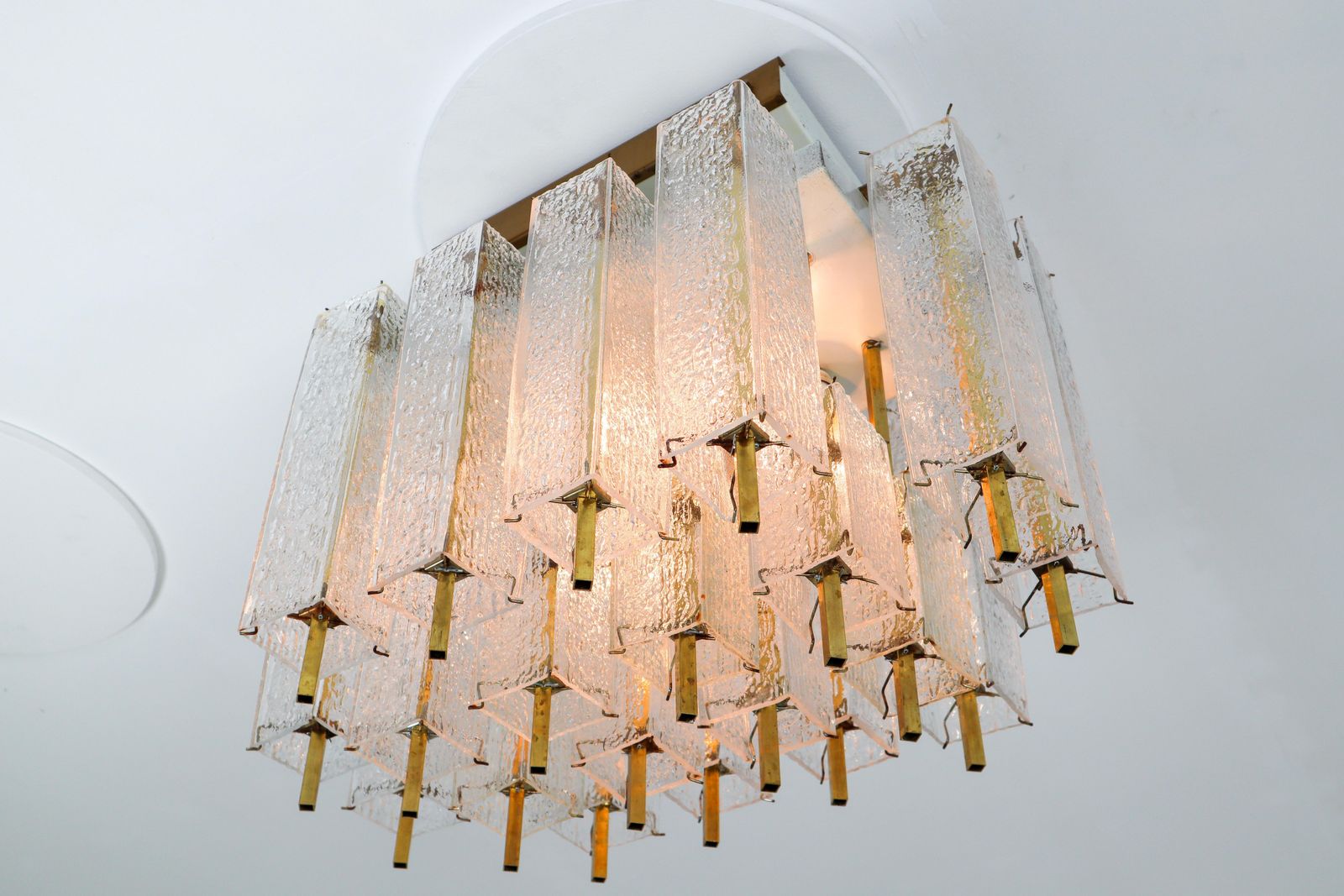 1 Of 9 Large Midcentury Chandelier With Structured Glass And Brass Frame, 1960s photo vintage