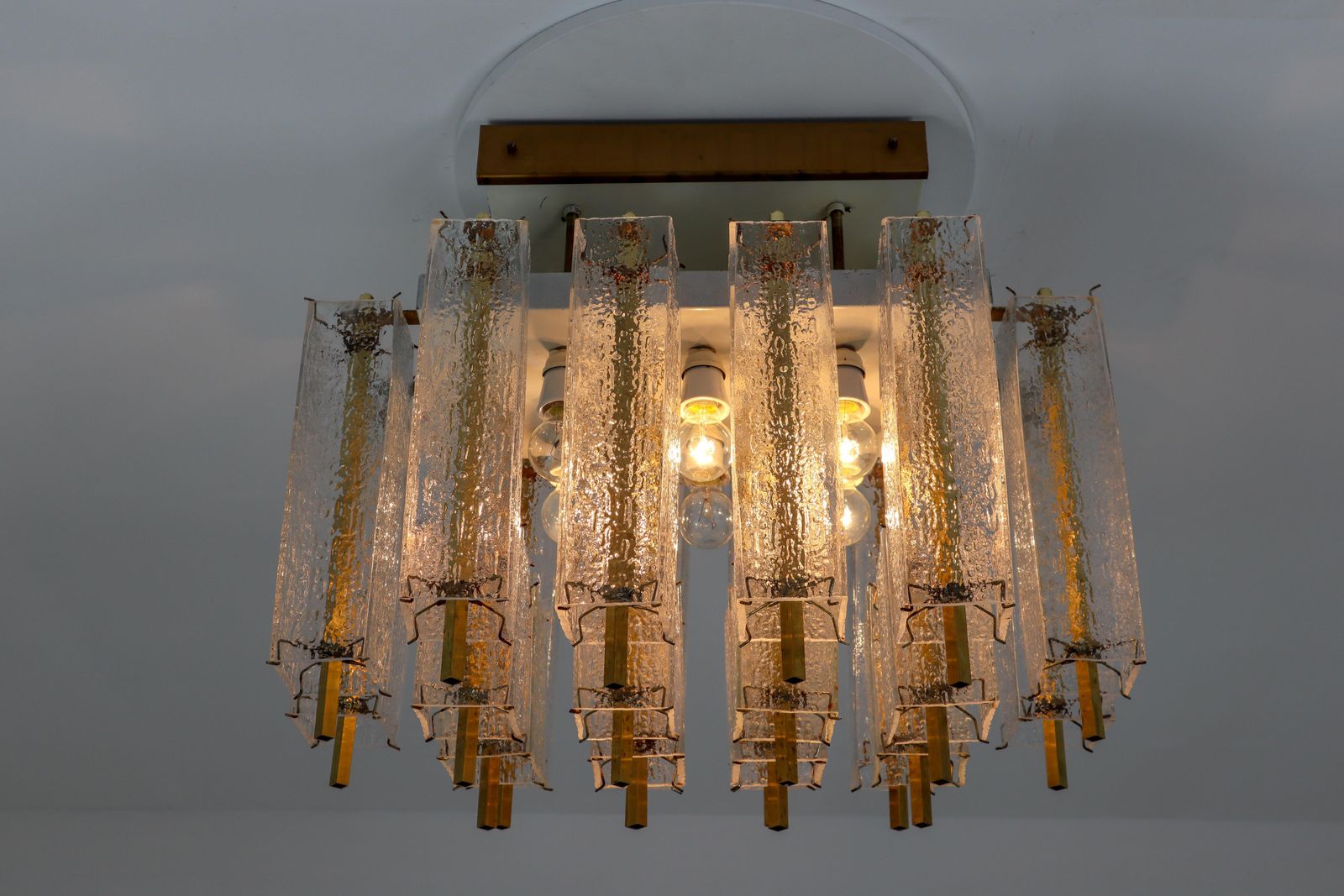 photo buy 1 Of 9 Large Midcentury Chandelier With Structured Glass And Brass Frame, 1960s