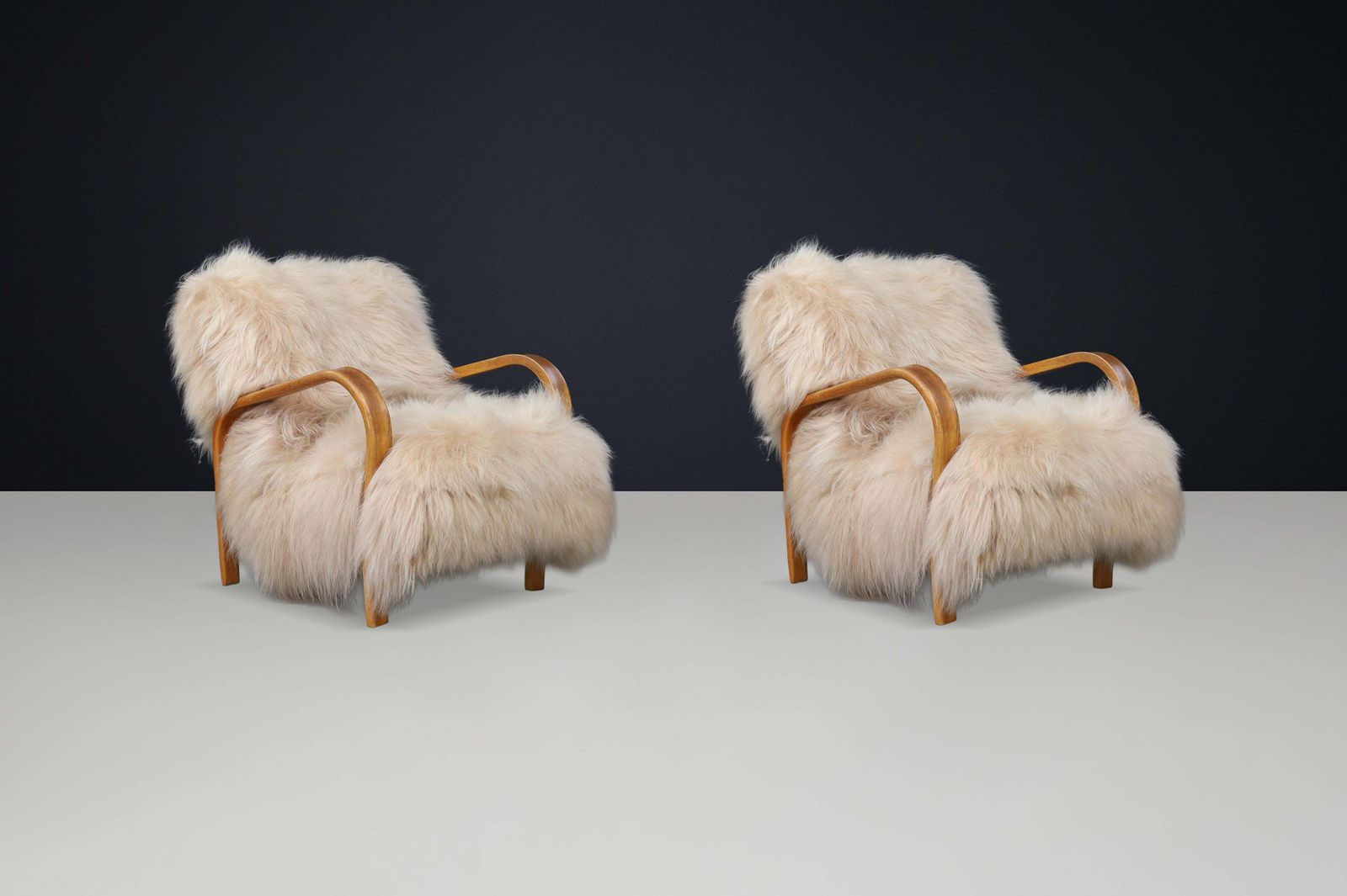 Patinated Bentwood Lounge Chairs By Kozelka & Kropáček In Long Haired Icelandic. photo for sale
