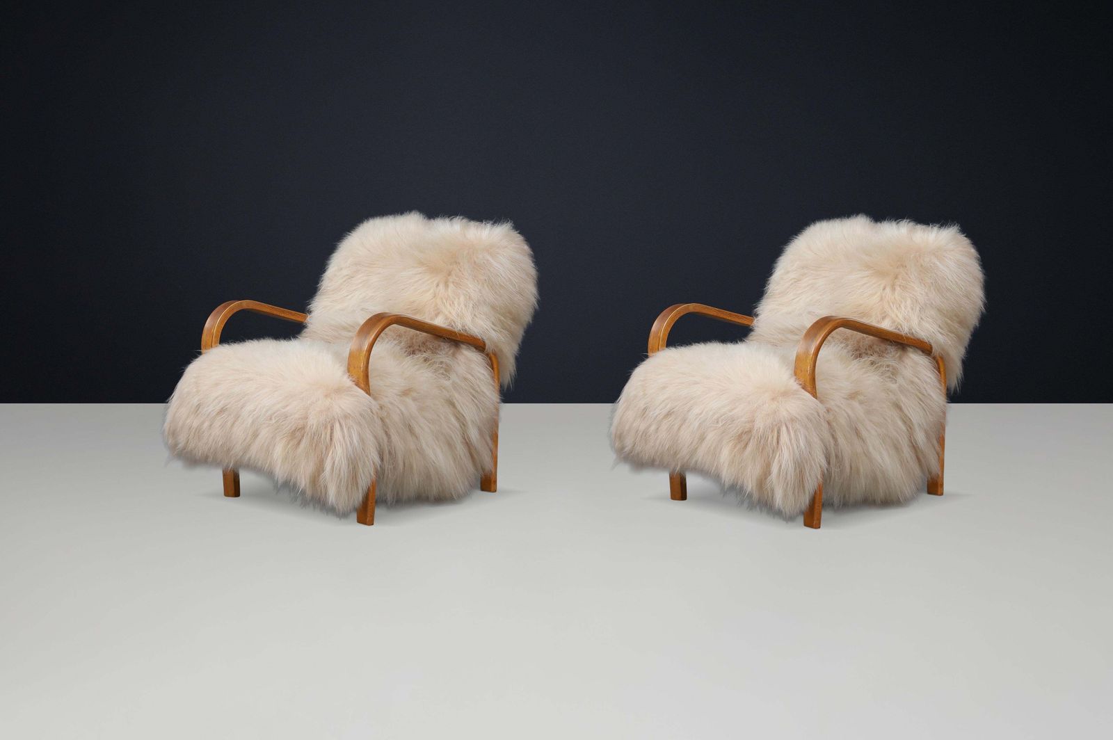 photo for sale Patinated Bentwood Lounge Chairs By Kozelka & Kropáček In Long Haired Icelandic.