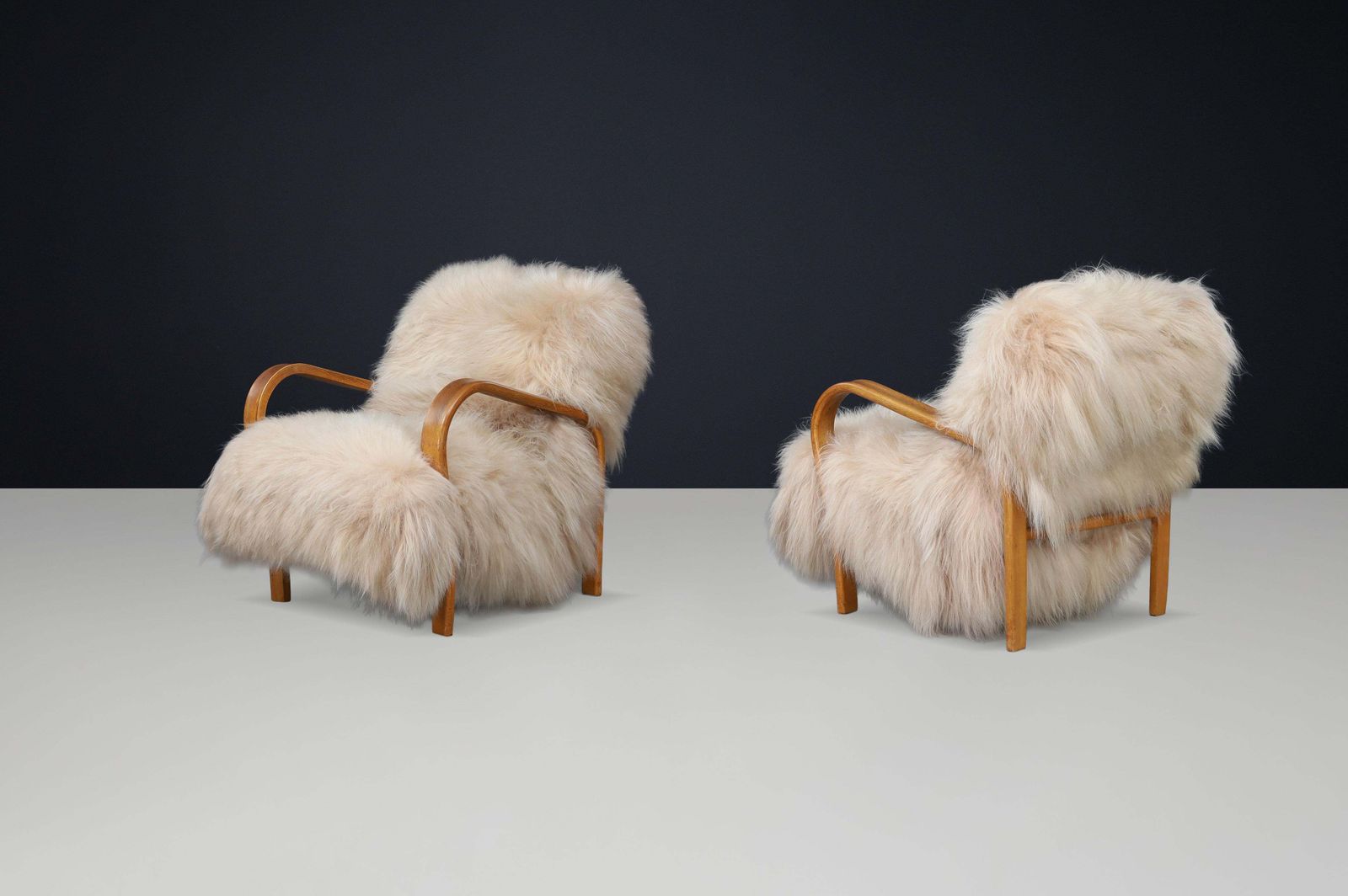 6072.0 Patinated Bentwood Lounge Chairs By Kozelka & Kropáček In Long Haired Icelandic. photo