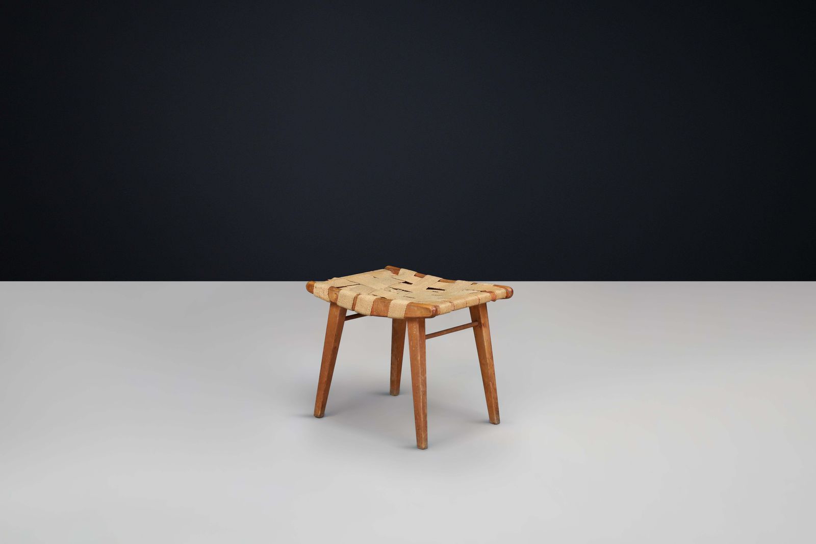 Mid Century Stool With Woven Jute Seat And Patinated Beech Wood Frame, France photo for sale