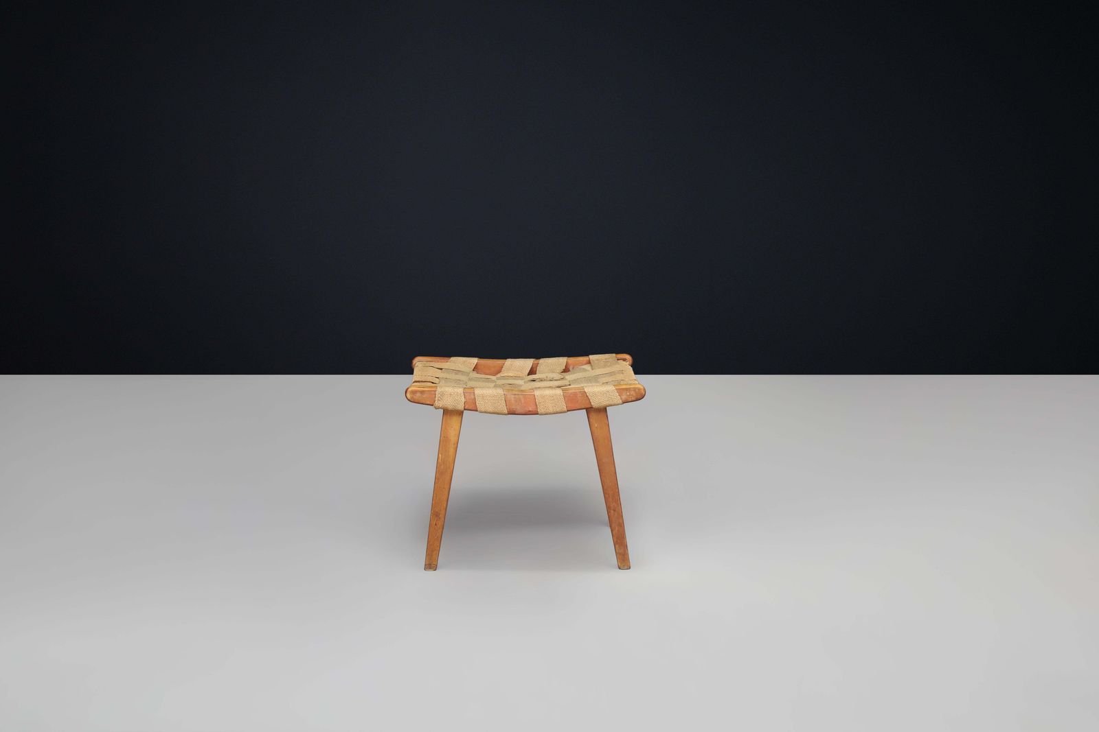 Mid Century Stool With Woven Jute Seat And Patinated Beech Wood Frame, France photo vinterior