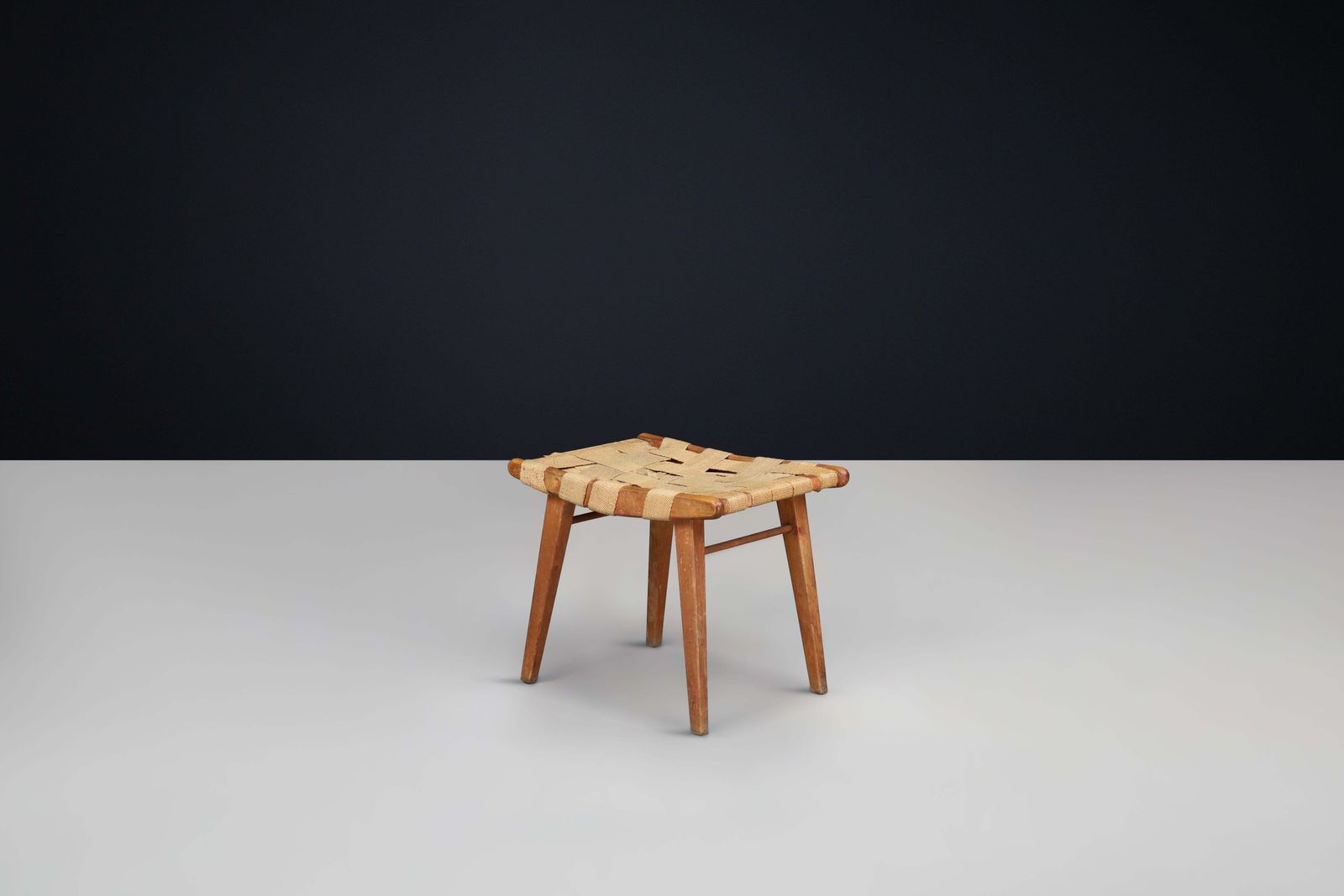 Mid Century Stool With Woven Jute Seat And Patinated Beech Wood Frame, France photo vintage
