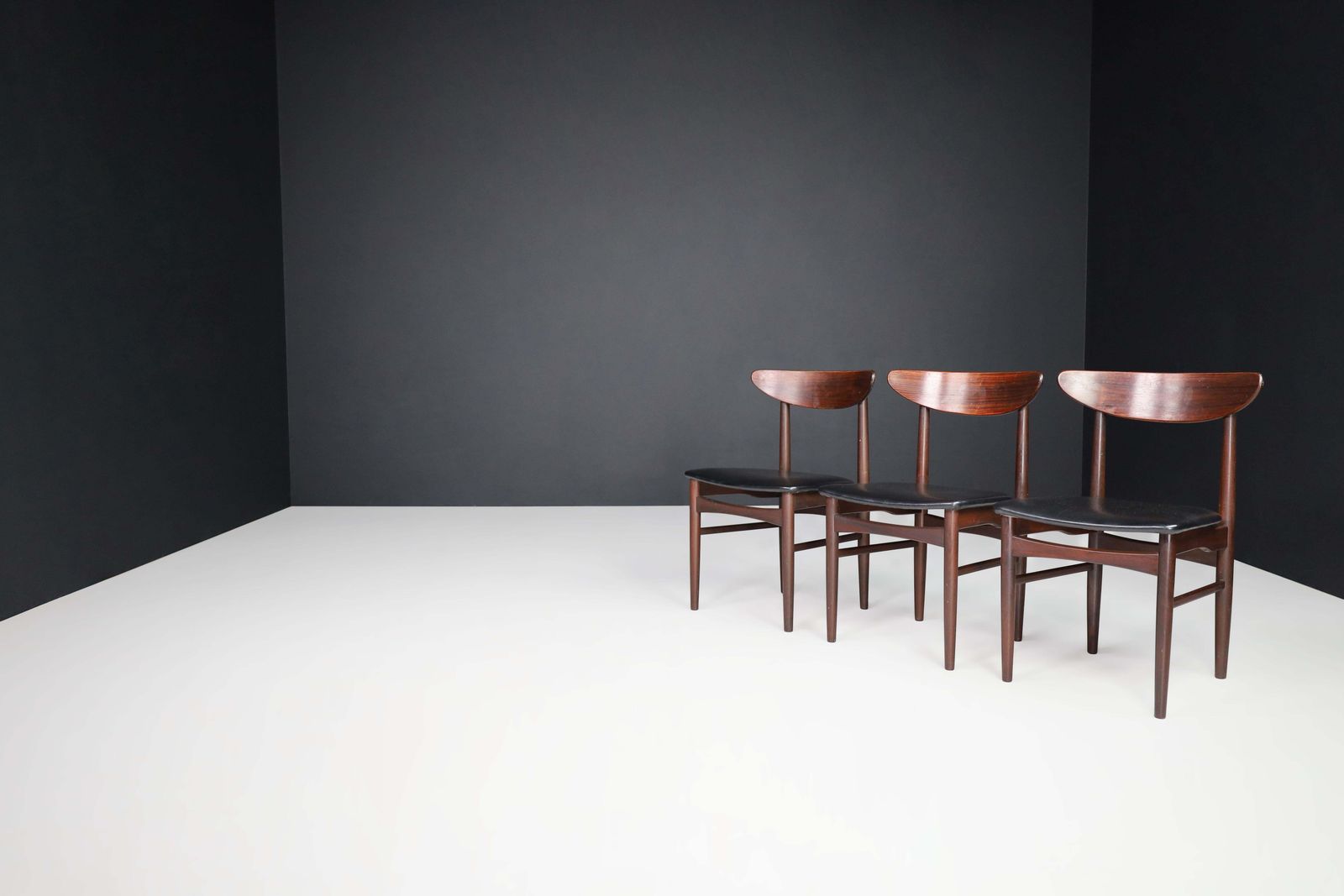 Furniture Dyrlund Hardwood And Black Leather Dining Chairs, Denmark, 1960s photo