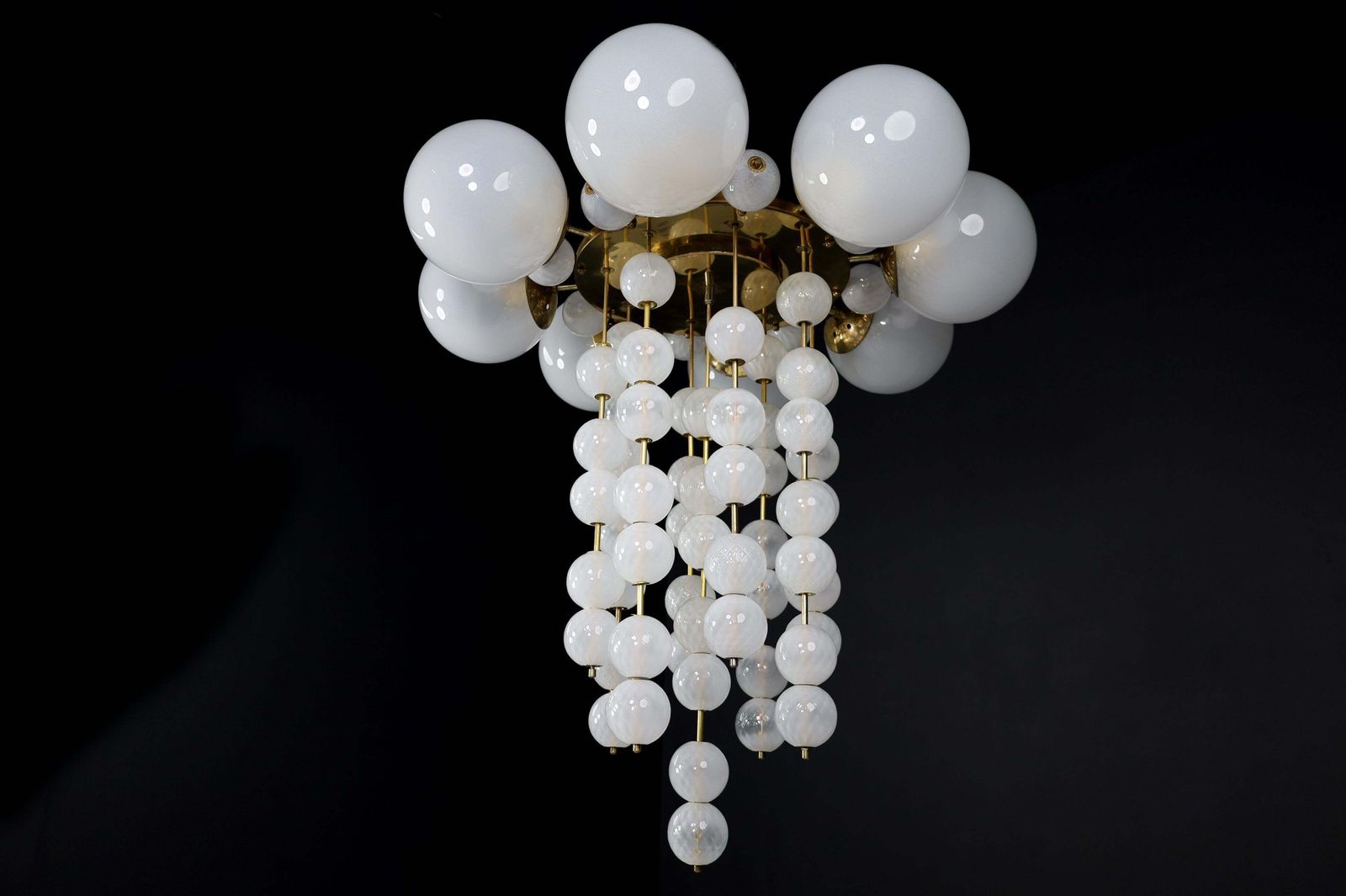 Grand Chandelier With Brass Fixture And Hand Blowed Frosted Glass Globes, 1960s photo vintage