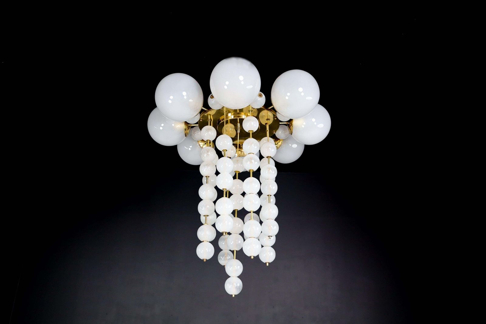 photo furniture Grand Chandelier With Brass Fixture And Hand Blowed Frosted Glass Globes, 1960s
