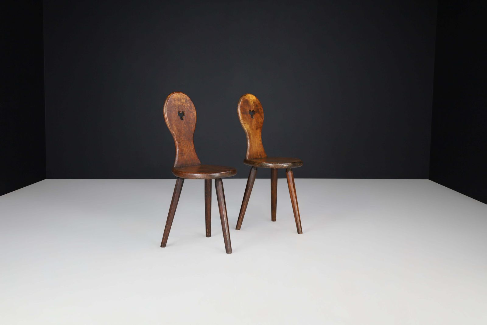 Set Of 4 French Oak Alpine Tripod Chairs, 1950s photo for sale