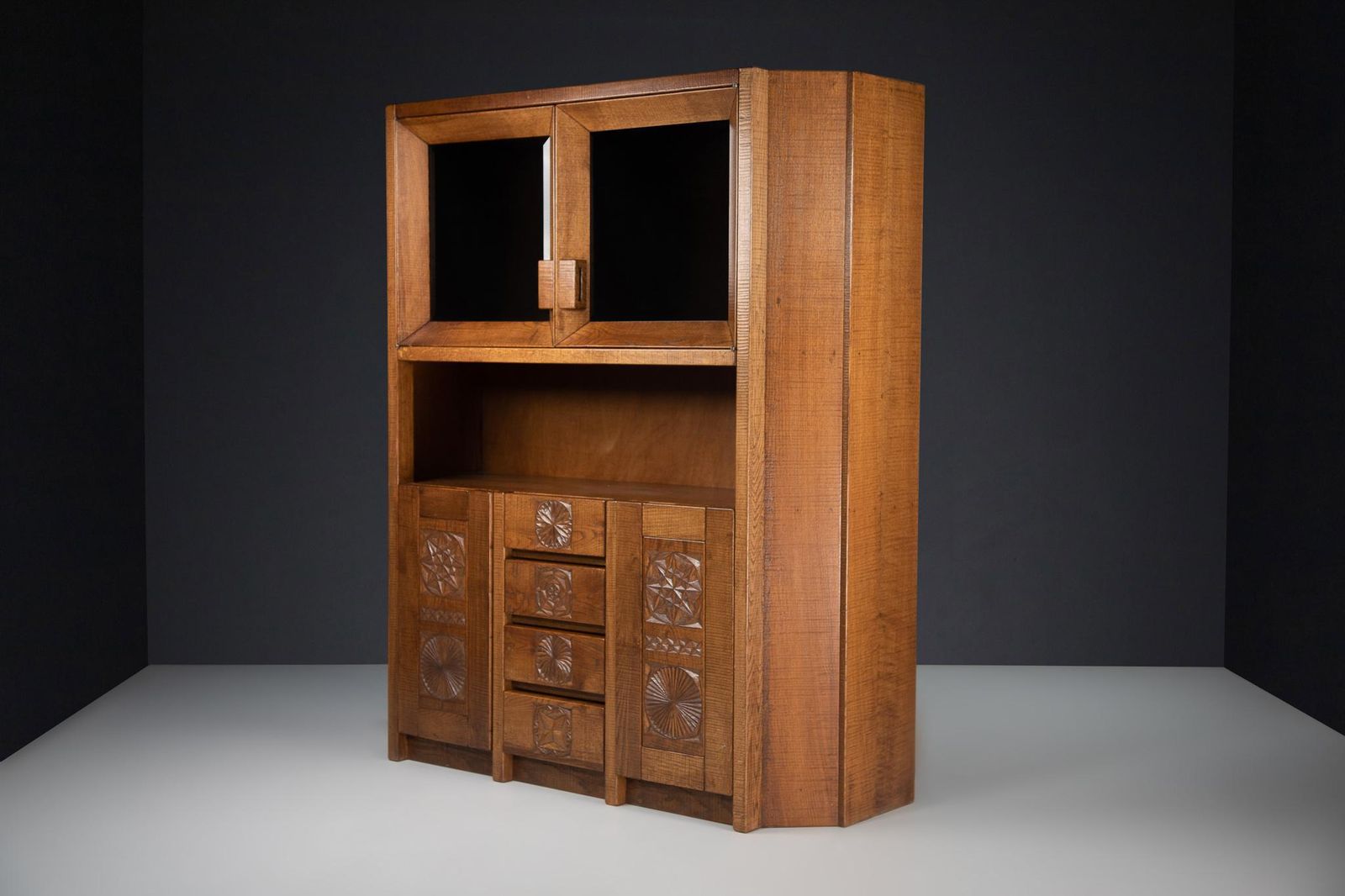 Hand Crafted Brutalist Giuseppe Rivadossi Glazed Cabinet In Oak Italy, The 1970s photo furniture
