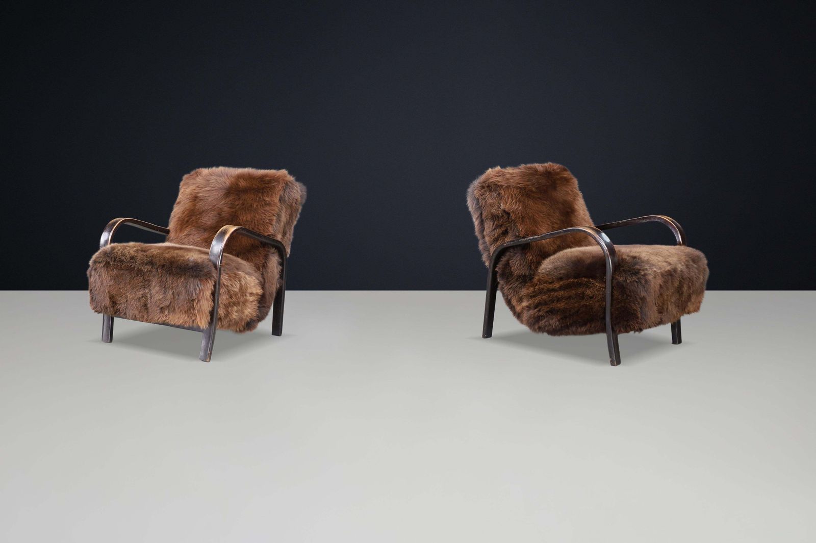 1940s Kozelka & Kropacek Armchairs In Texel Sheepskin & Patinated Bentwood photo furniture