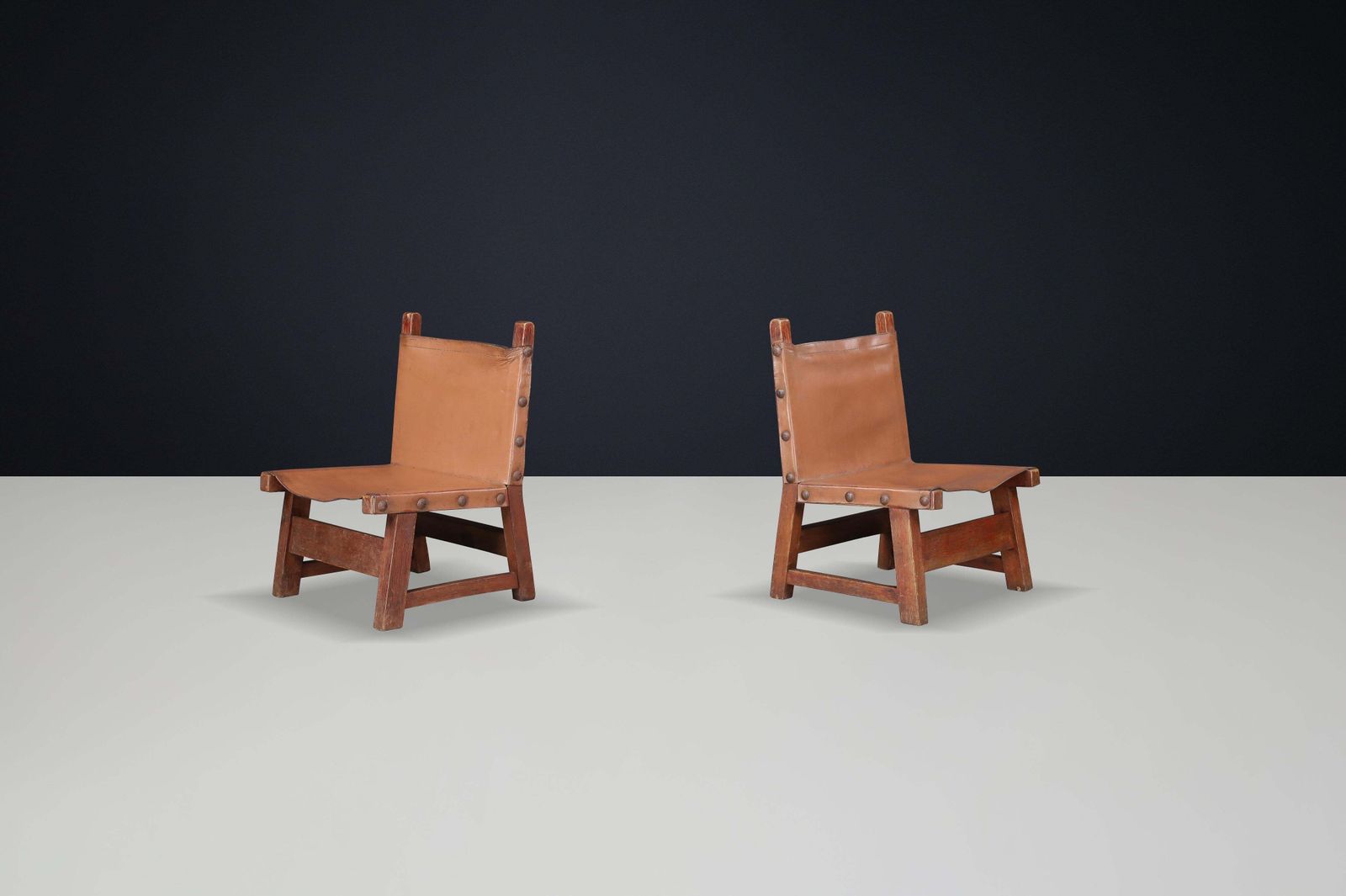 Brutalist Patinated Leather And Wood Easy Chairs, Spain, 1950s photo Furniture