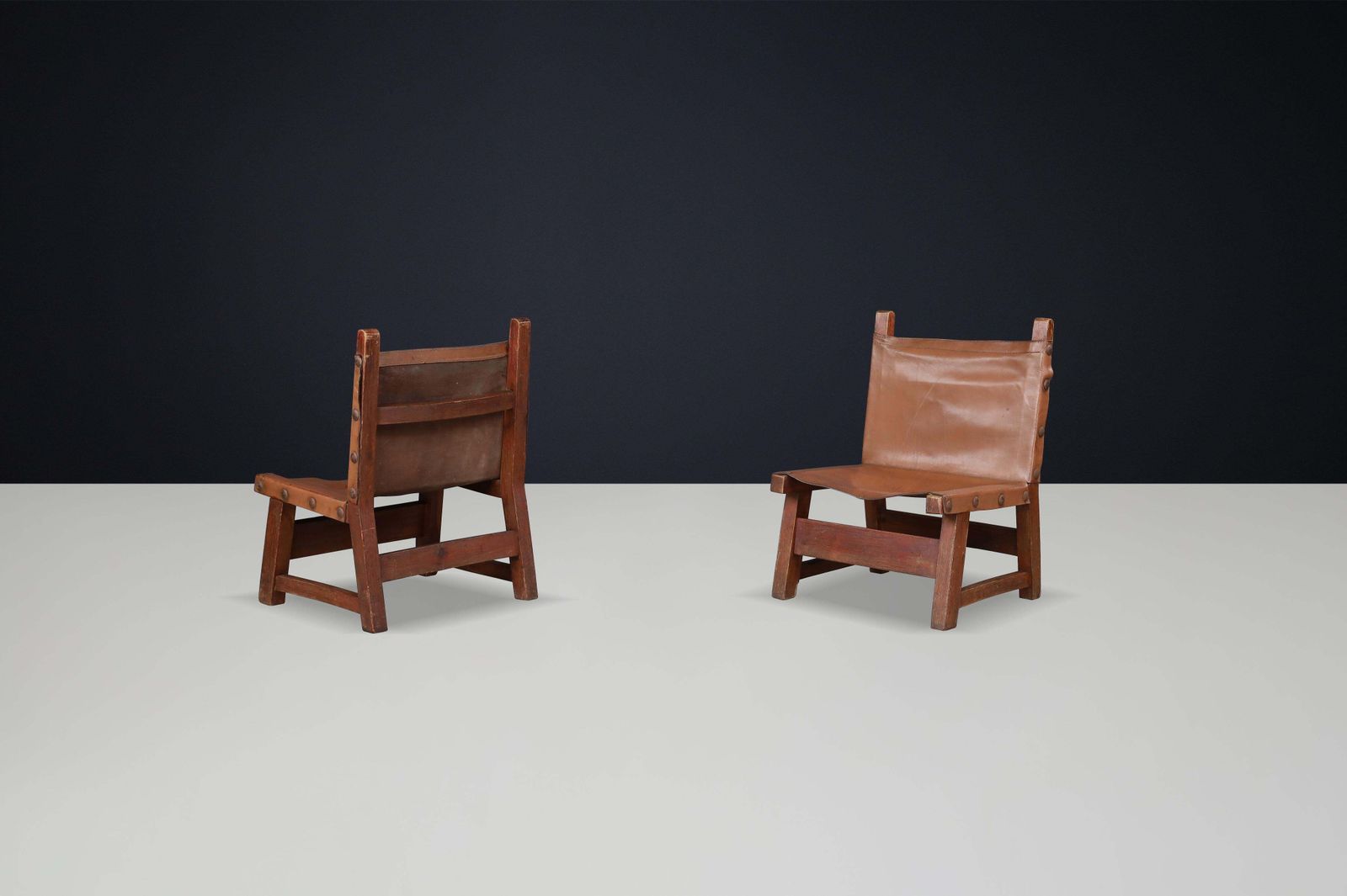 Brutalist Patinated Leather And Wood Easy Chairs, Spain, 1950s photo 2628.0