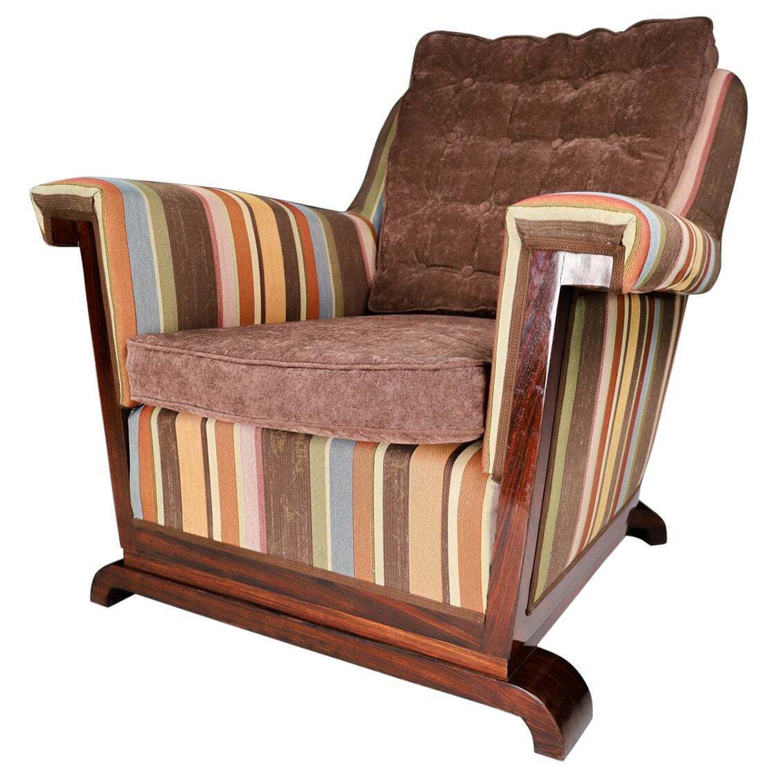 Large Monumental Art Deco Armchair In Walnut And Re Upholstered Fabric, France