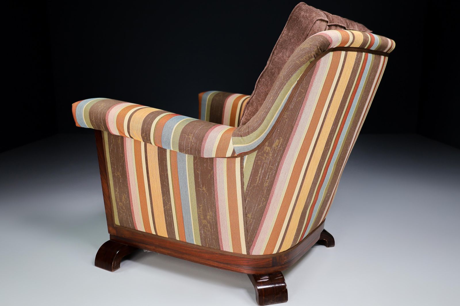Large Monumental Art Deco Armchair In Walnut And Re Upholstered Fabric, France photo vintage