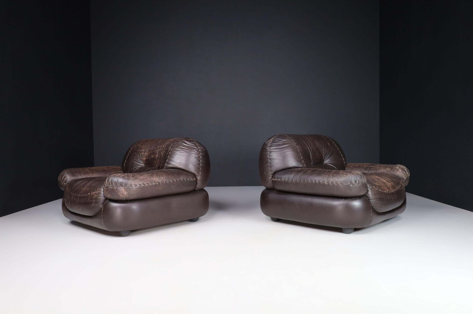Couple Of Lounge Chairs In Patinated Brown Leather By Sapporo For Mobil Girgi photo Furniture