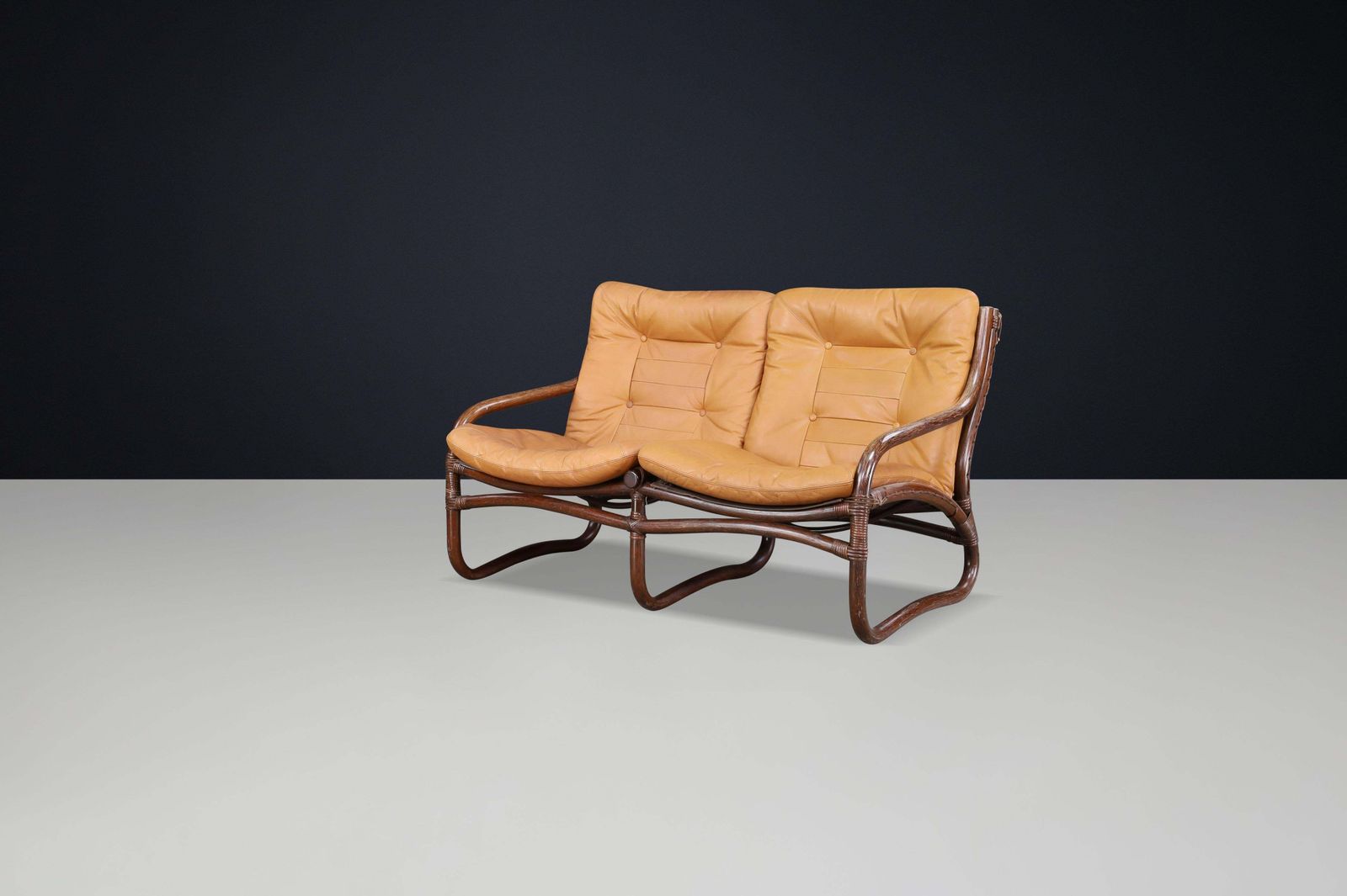 Two Seat “Ecco” Loveseat By Slettvoll In Cognac Leather And Rattan, Norway 1970s photo furniture