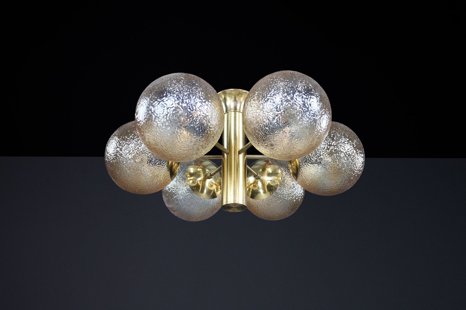 photo for sale Patinated Brass Sputnik Chandelier With Six Gold Colored Globes, Germany 1960s
