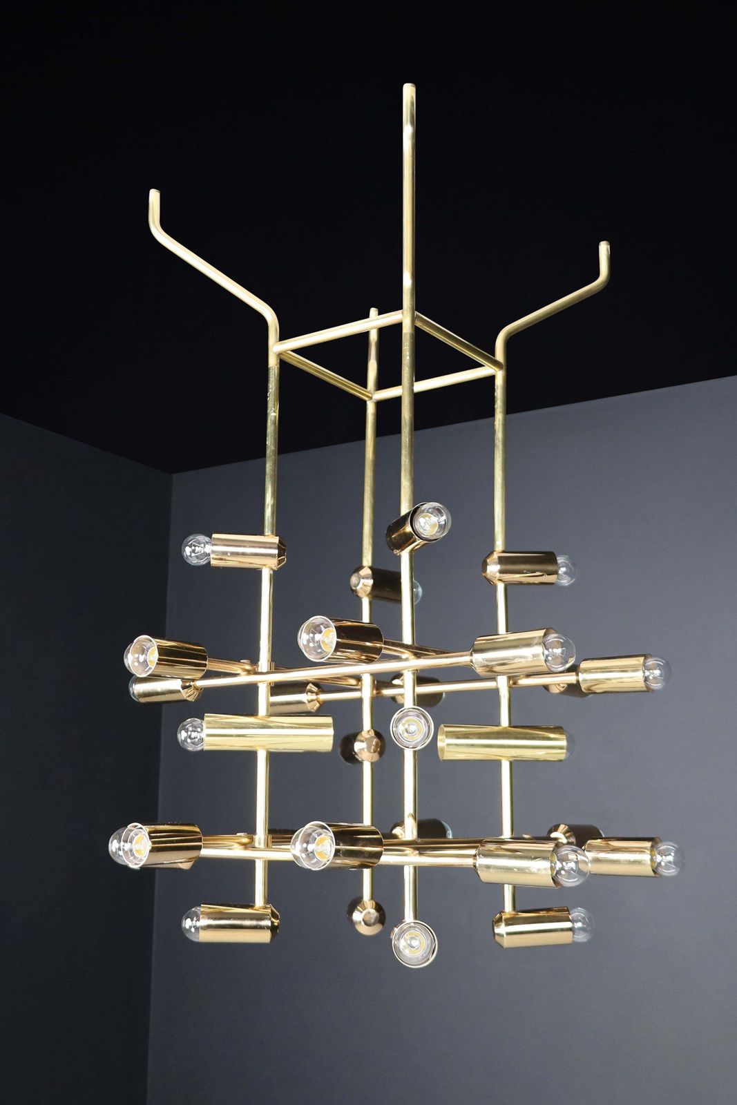 Lighting Mid Century Brass Chandelier Wit 28 Lights, Switzerland 1960s. photo