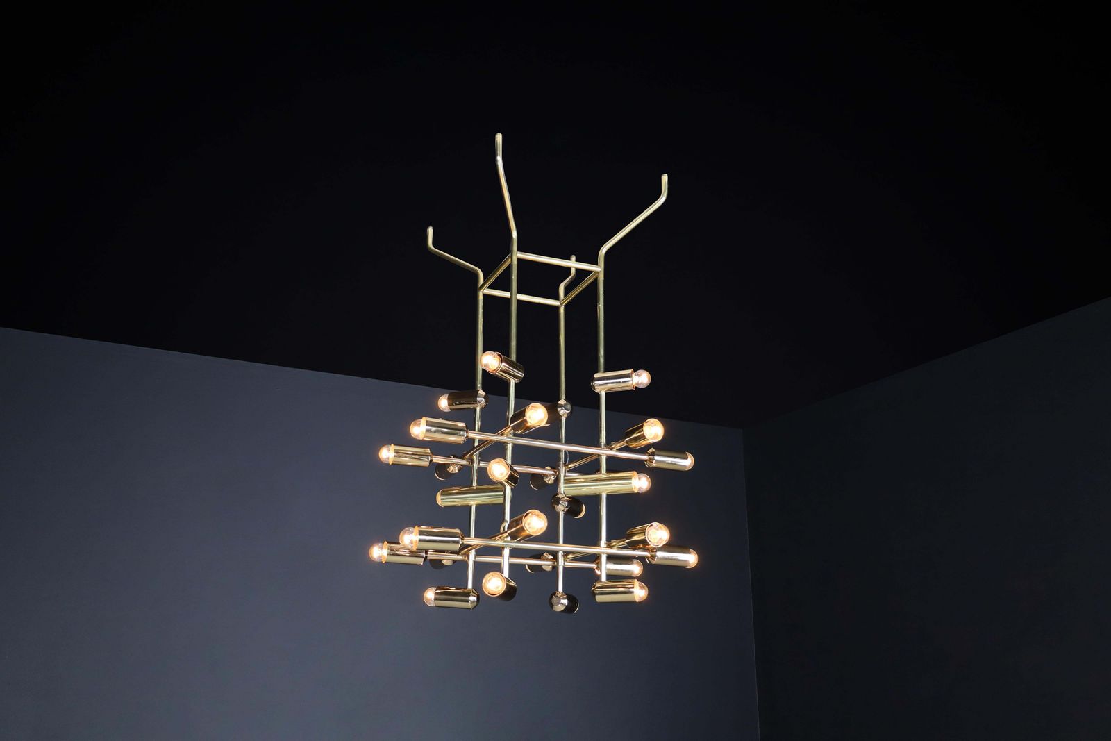 photo buy Mid Century Brass Chandelier Wit 28 Lights, Switzerland 1960s.