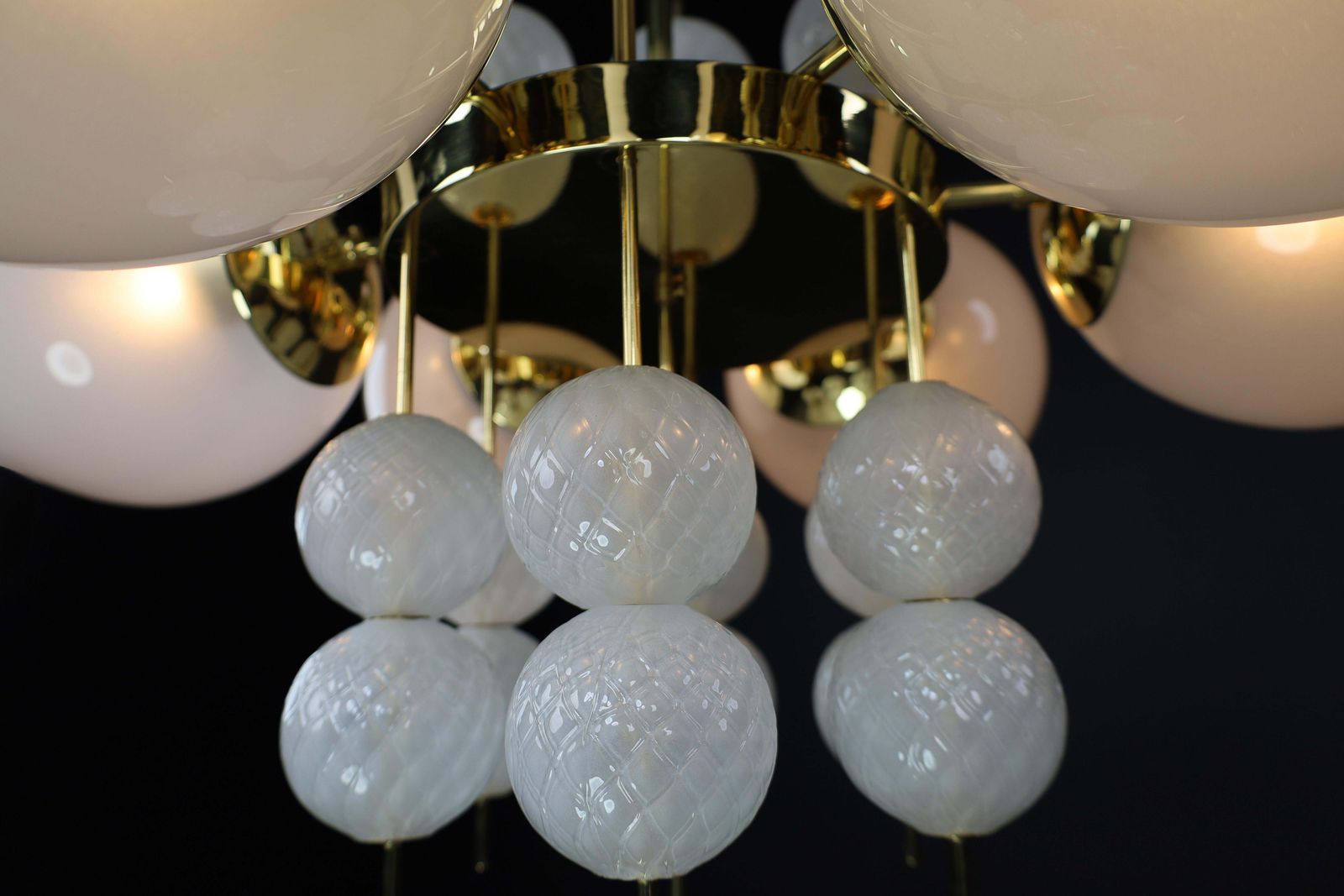 Mid Century Chandelier With Brass Fixture & Hand Blown Pearl White Glass Globes photo Lighting