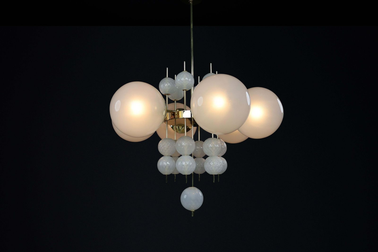 Mid Century Chandelier With Brass Fixture & Hand Blown Pearl White Glass Globes photo buy