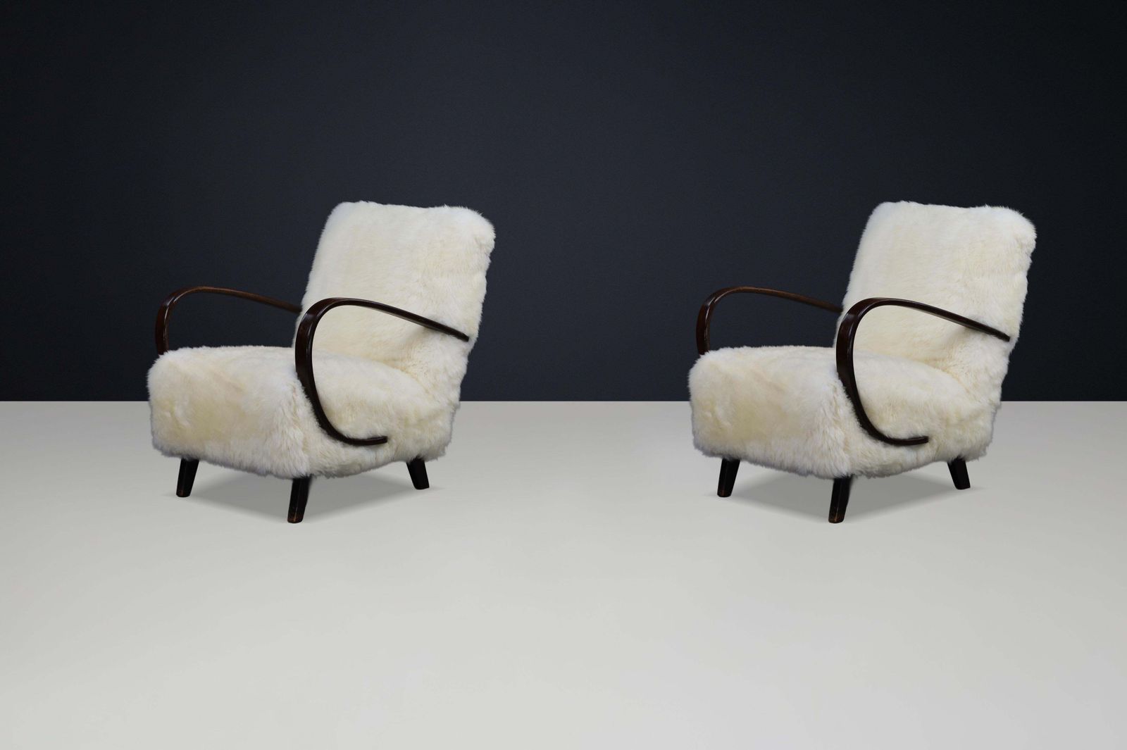 Furniture Timeless Pair Of Jindřich Halabala Mid Century Modern Sheepskin Lounge Chairs photo