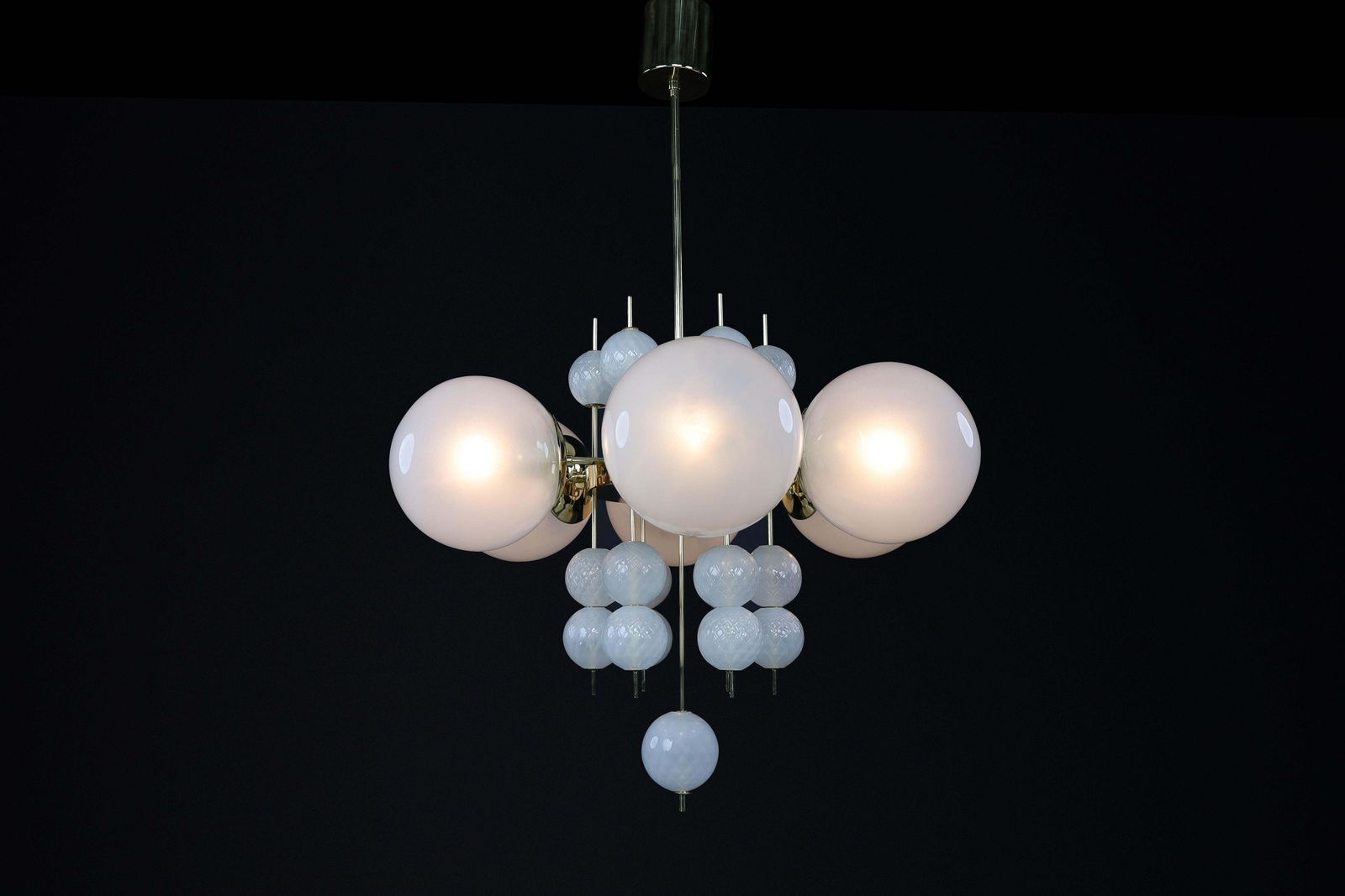 photo furniture Mid Century Chandelier With Brass Fixture & Hand Blown Pearl White Glass Globes