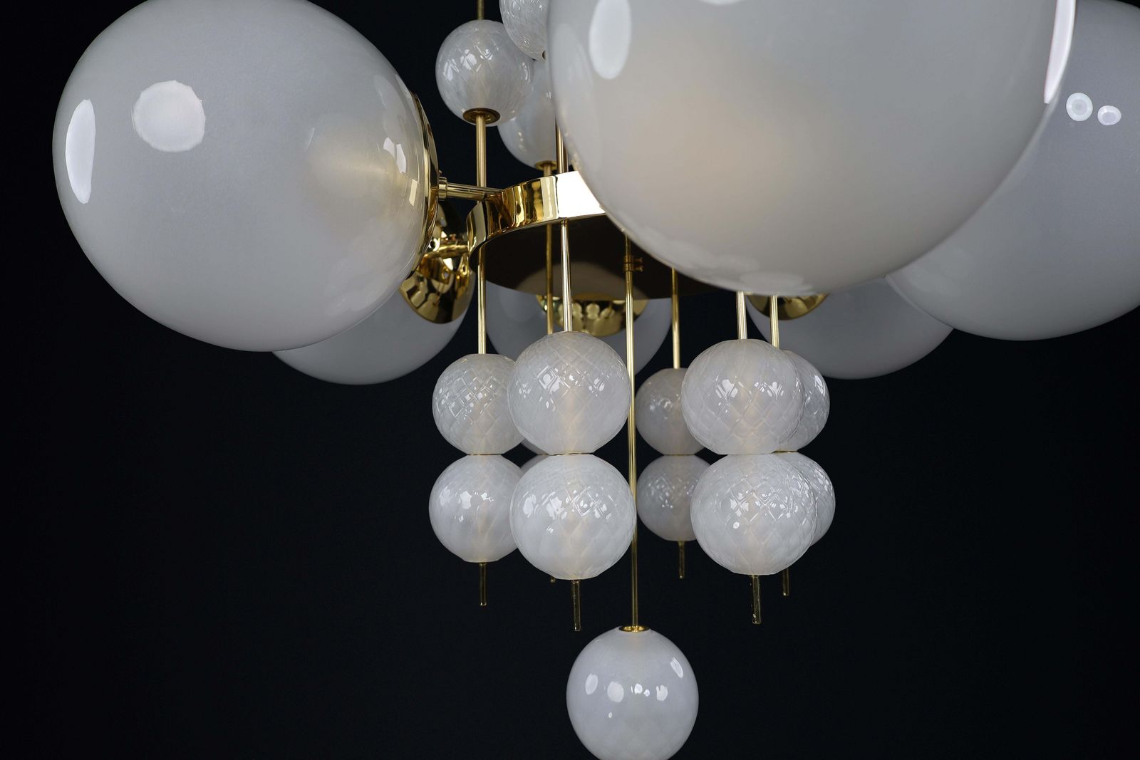 photo for sale Mid Century Chandelier With Brass Fixture & Hand Blown Pearl White Glass Globes