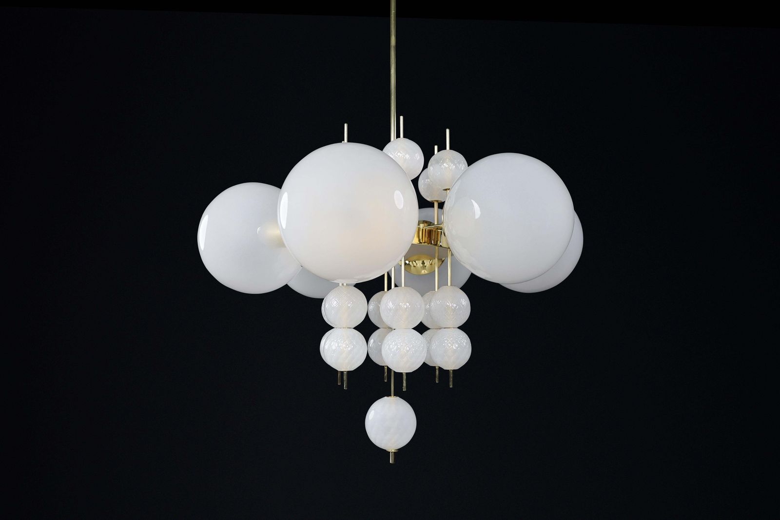 4401.0 Mid Century Chandelier With Brass Fixture & Hand Blown Pearl White Glass Globes photo