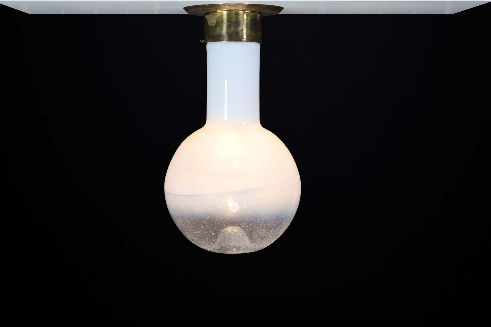 Mid Century Modern Blown Opaline Glass And Brass Chandelier, Italy 1970s photo for sale